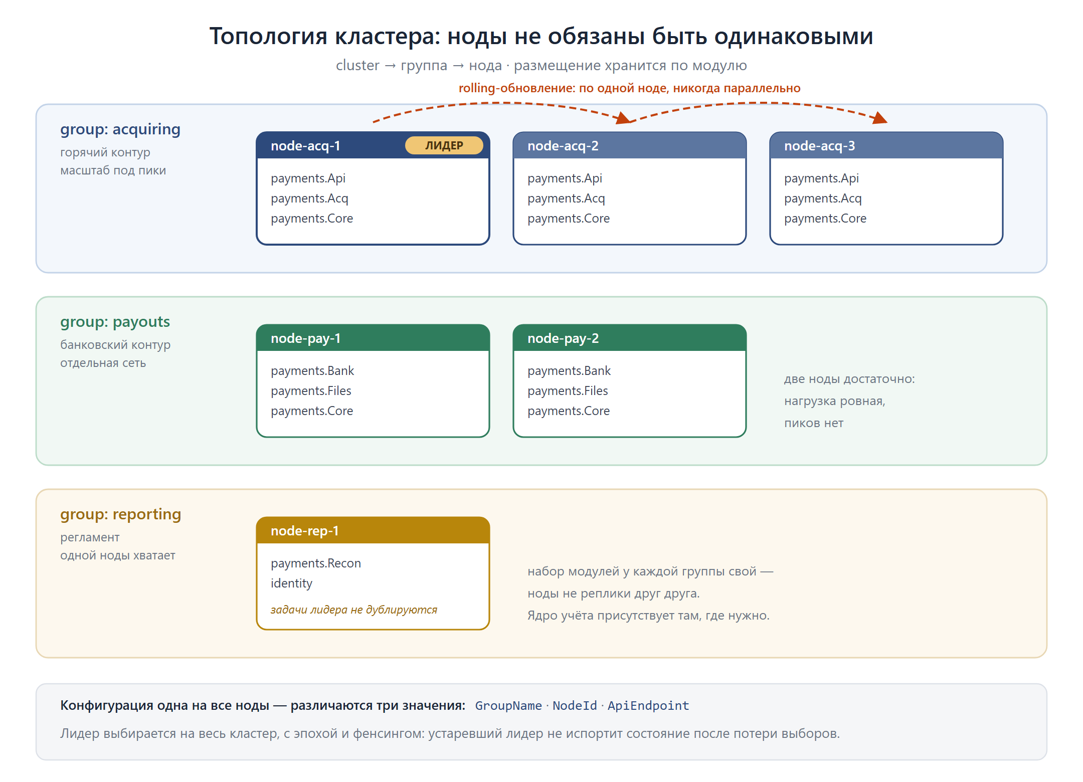 Топология кластера: три группы — acquiring, payouts, reporting — с разными наборами модулей на нодах, лидер и rolling-обновление